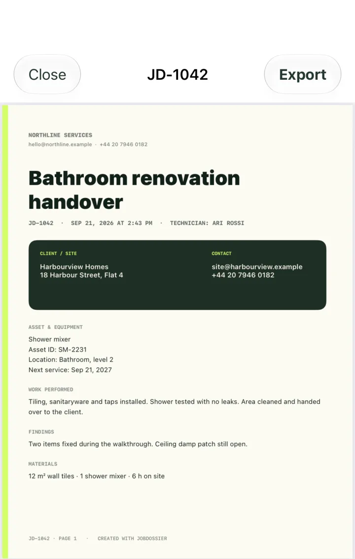 Actual JobDossier PDF preview showing a bathroom renovation handover report